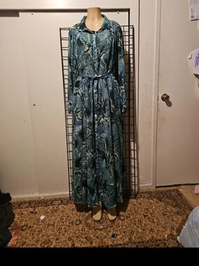 Teal Botanical Print Maxi Shirt Dress with Waist Tie